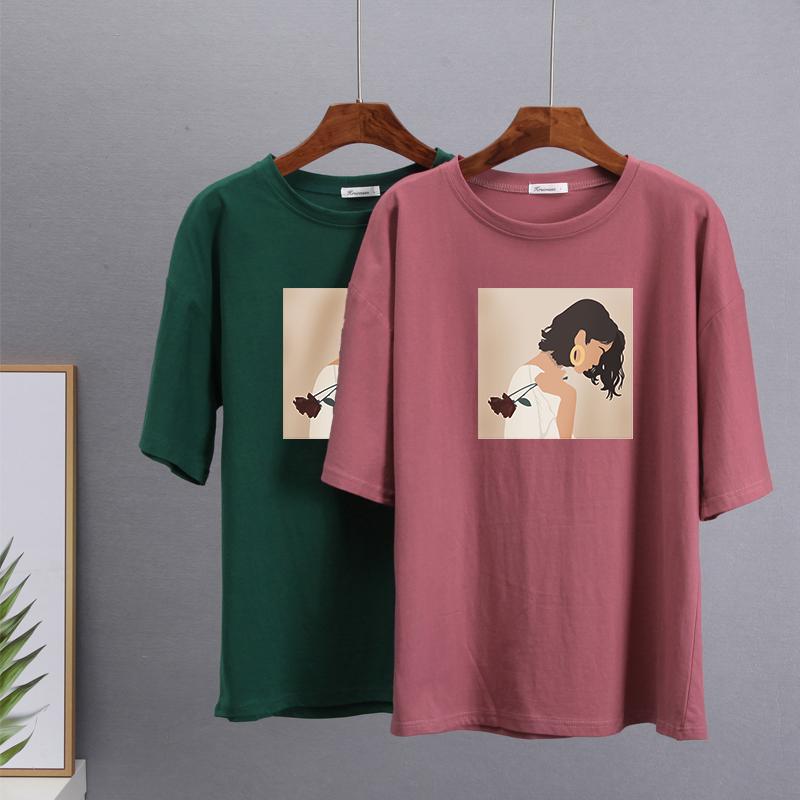 Hirsionsan Aesthetic Cartoon Printed T Shirt Women Summer Loose Casual Clothes Ladies Elegant Harajuku Graphic Tees Cotton Female Tops