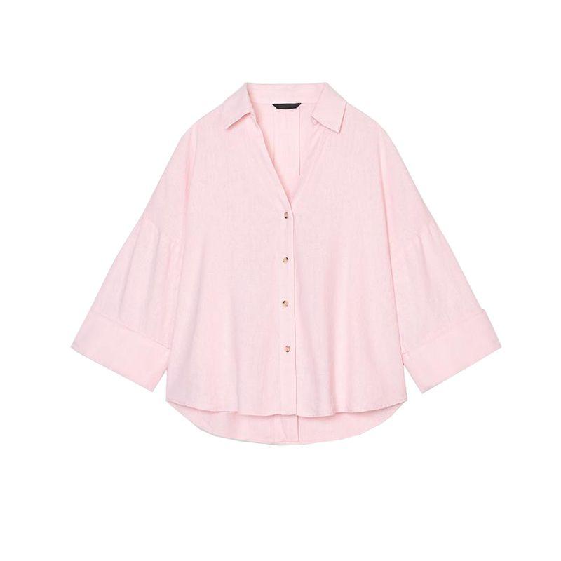 Spring New Women's Clothing French Simplicity Style Light Spring Linen Blended Wide Sleeve Plaid Shirt 2340939