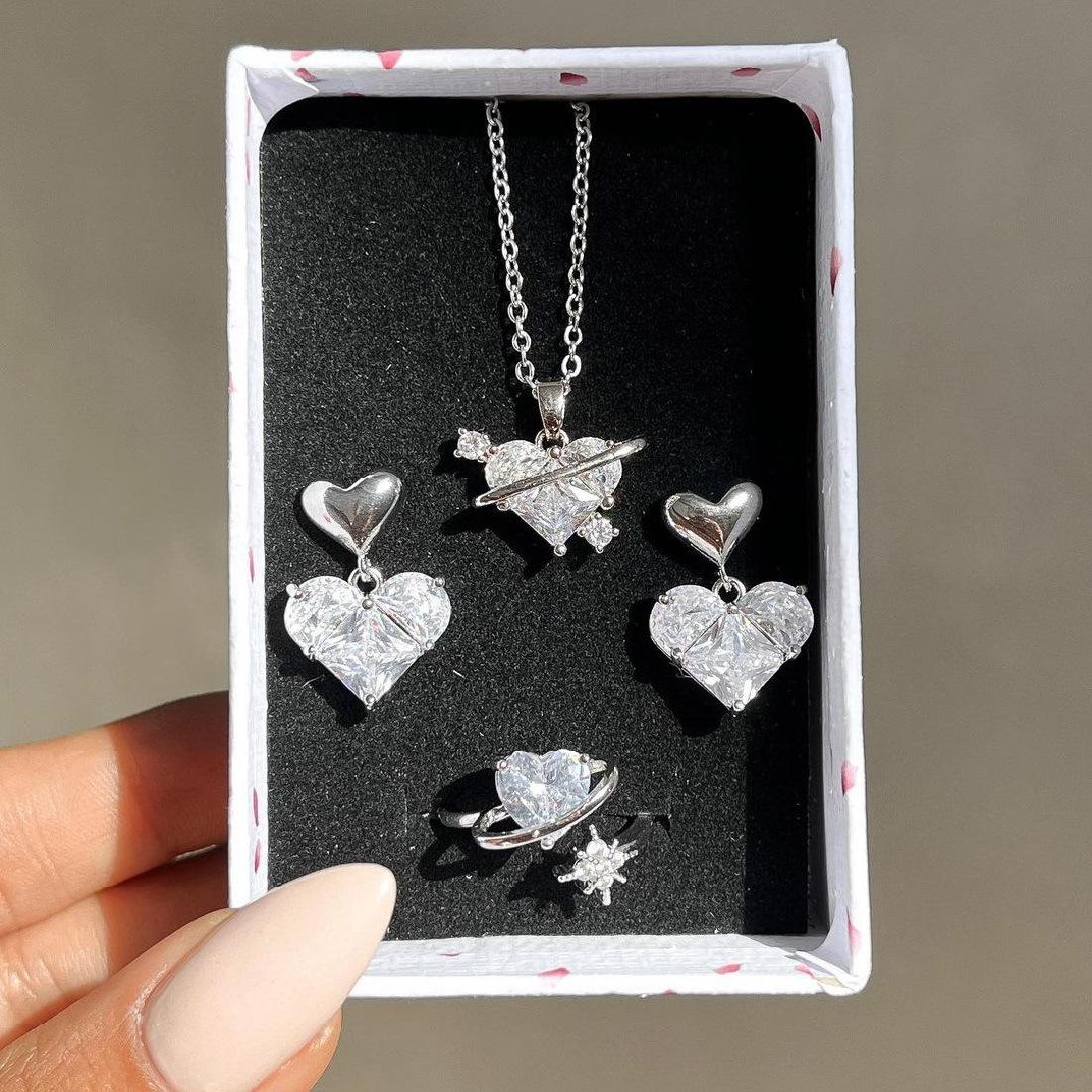 

4 Pieces Love Pink Crystals Sweet Earrings Necklaces And Rings Jewelry Set Lightweight And Versatile For Women Mother s Day Gift