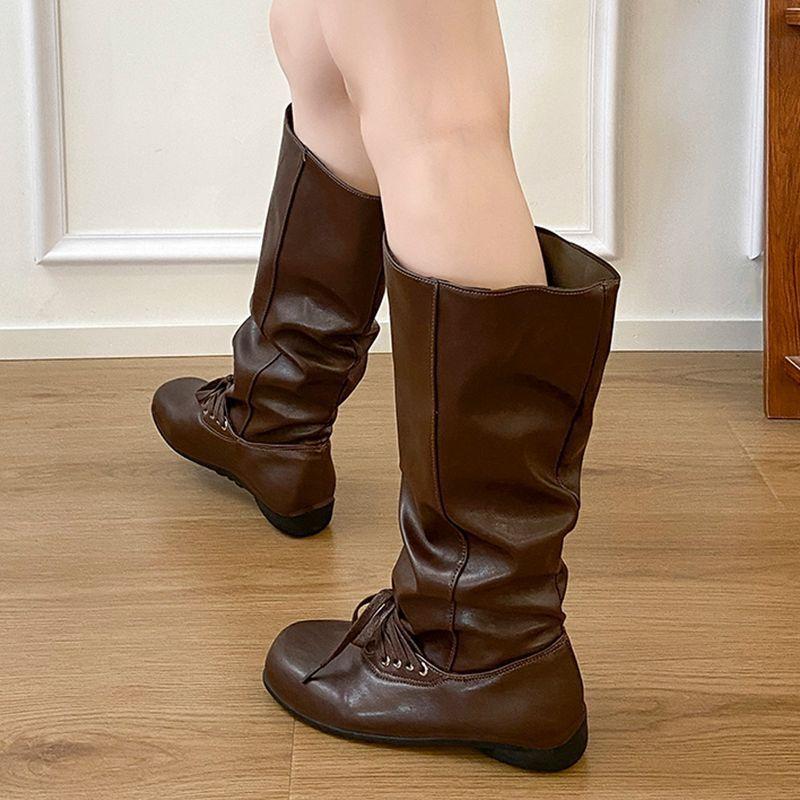 French Thick Heel Tube Circumference Trouser Tube Stacking Boots Women's Boots Autumn and Winter Wear Versatile Retro Bow Maillard Boots