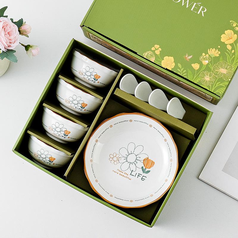 Pastoral Ceramic Tableware Gift Set: Rice Bowl, Spoon, and Chopsticks