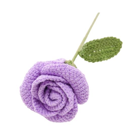 Handmade Crochet Rose Flower Knitted Rose Bouquet with Leaves Valentine's Day Anniversary Birthday Artificial Rose Gift for Women Teacher Mom Friend