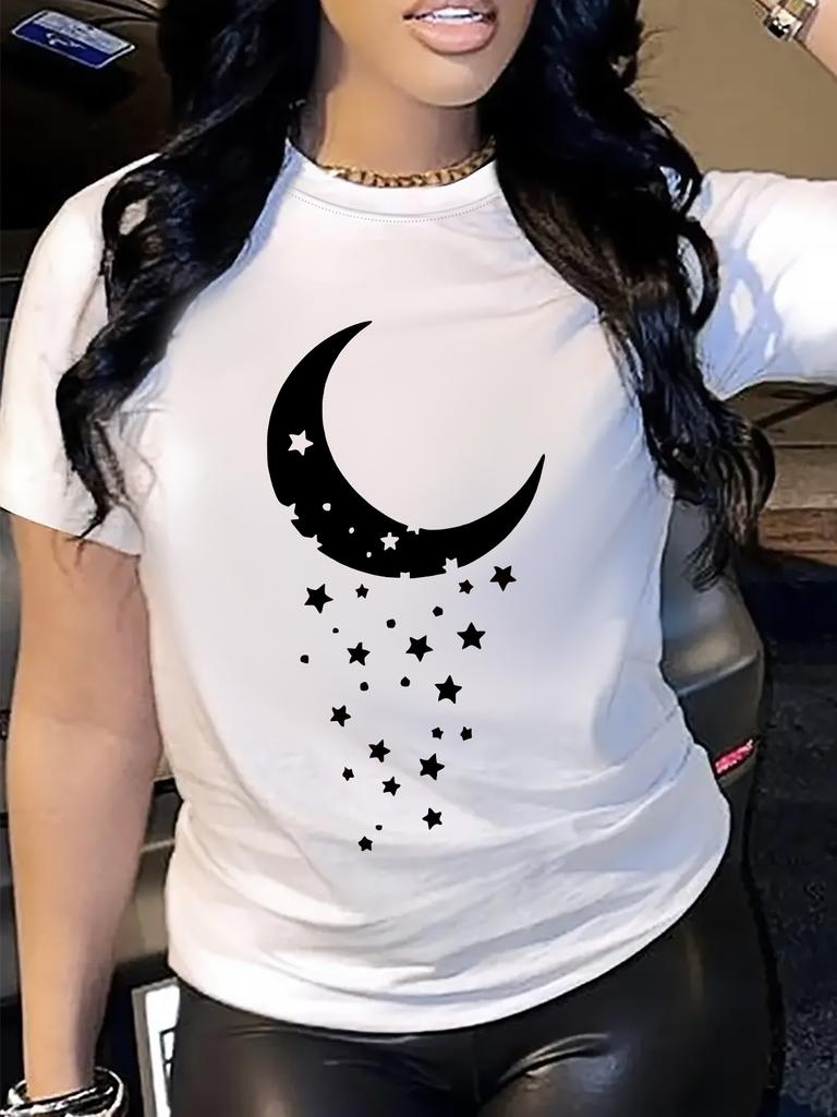 Summer Women'S Front Moon and Stars Printed Short-Sleeved T-Shirt Comfortable And Breathable Fabric T Shirt Women Y2k Top
