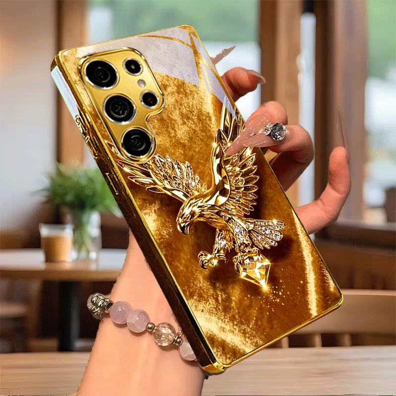 Gold Diamond Eagle Electroplated Golden Phone Case For Samsung Note 10 20 A06 A07 A12 A13 A14 A15 A16 A17 A22 A23 25 Glass Cover