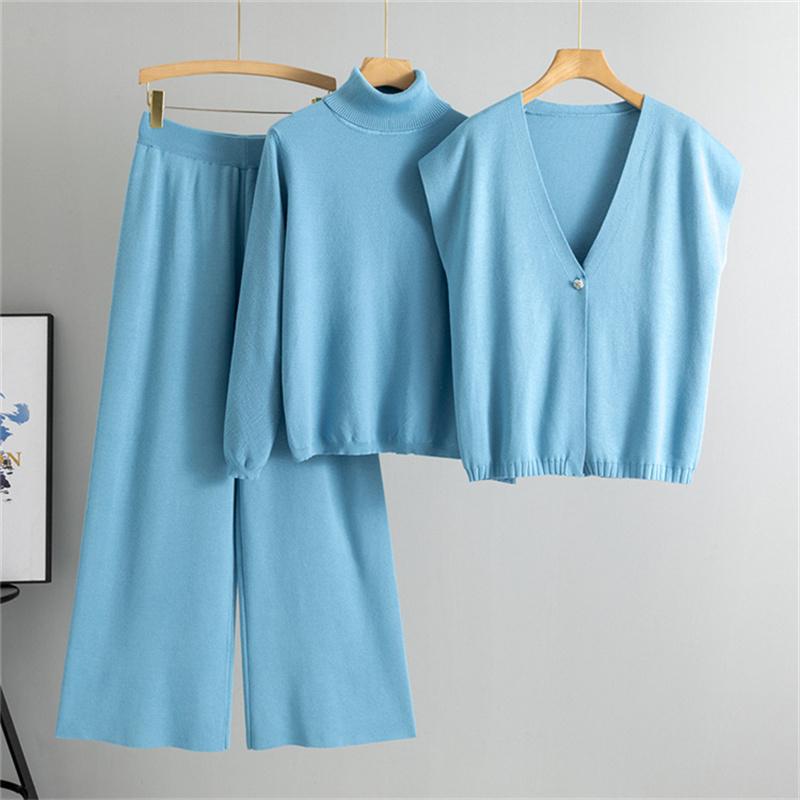 

Женский повседневный костюм на весну и осень, модный свитер с высоким воротником, кардиган, жилет, брюки широкого кроя, вязаный комплект из трех предметов One Size синий