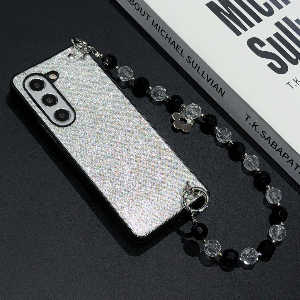 For Samsung Galaxy Z Fold6 5G Case Glitter Finish Leather+PC Phone Cover with Beaded Strap