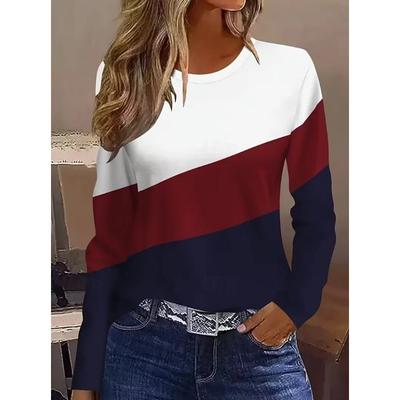 Damen T-Shirt Print Grafik Geometrisch Gestreift Vintage Mode Stilvoll Langarm Rundhals Rundhals Reguläre Oberteile