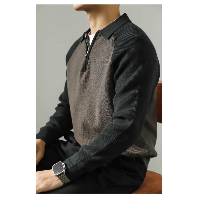 Men S Polo Collar Color Block Knit Sweater Half Zip Casual Spring Autumn