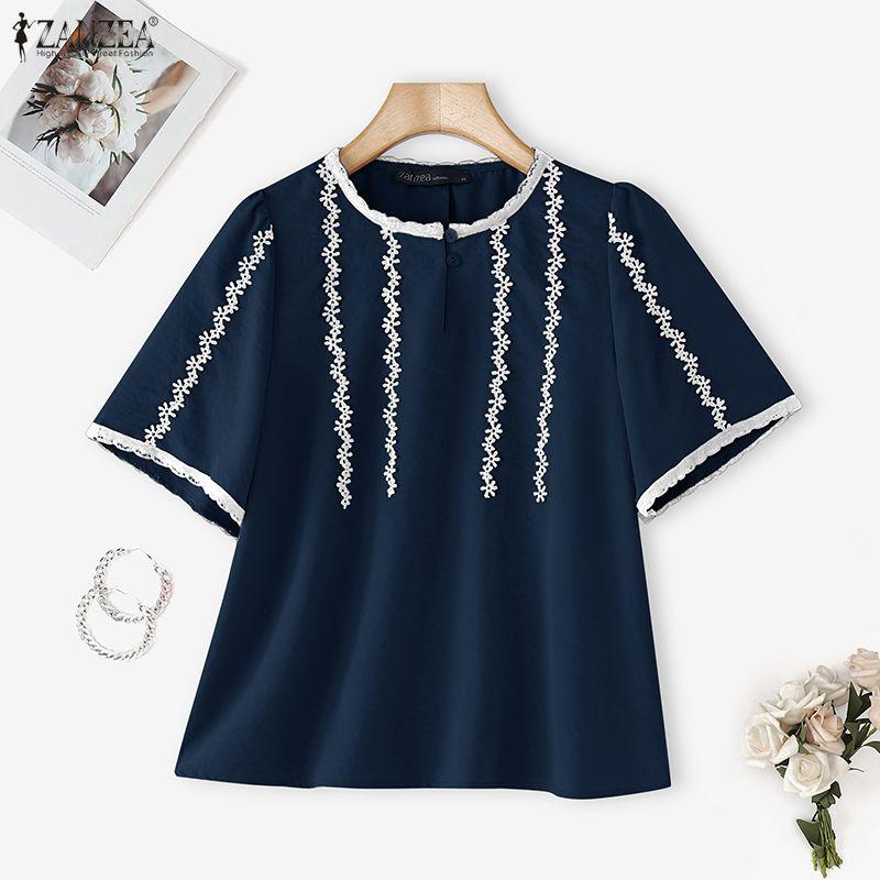 ZANZEA Women Round Neck Summer Casual Short Sleeve Blouse