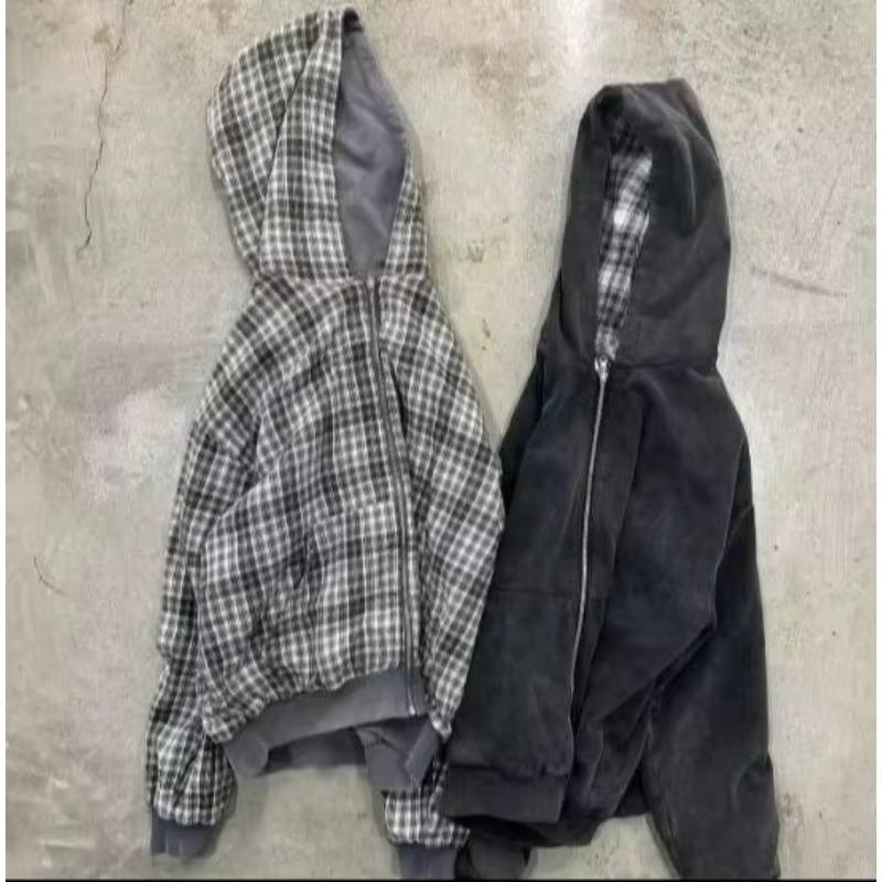 Reversible Plaid American Retro Zipper Hoodie Sweatshirt Mens Womens Casual Plaid Sweatshirt Solid Color Y2K Street Style