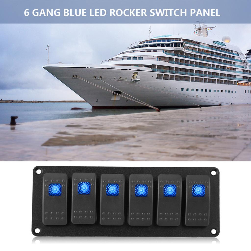 12 24V 6 Gang Rocker Switch Panel for Car RV Boat Yacht Marine Blue LED
