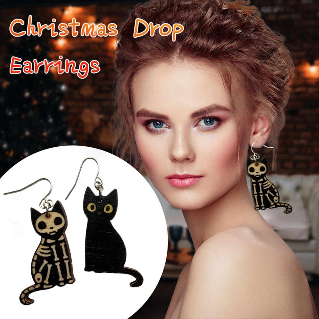 1 Pair Halloween Pendant Earrings Wood Cute Animal Holiday Party Engagement Decor Piercing Ear Drop Jewelry for