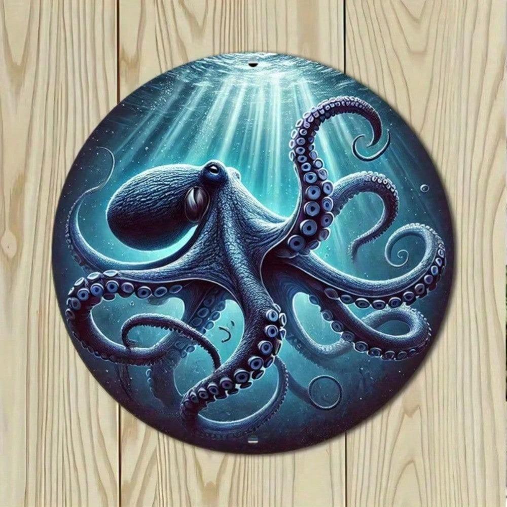Vintage Deep Sea Blue Octopus Metal Tin Sign 7.8 Inch Wall Art Home Decor