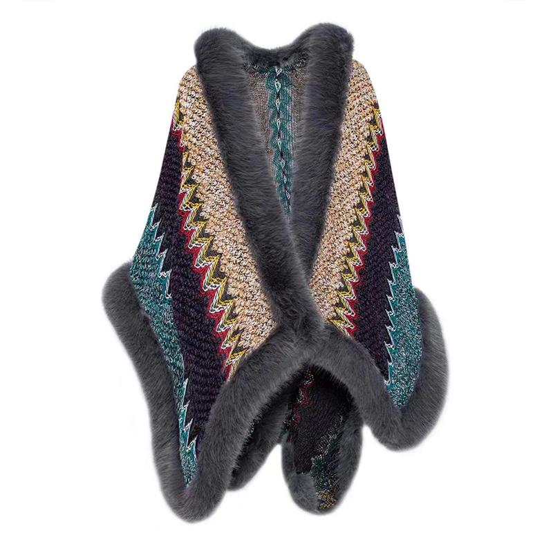New Faux Fur Collar Imitation Cashmere Elegant Women Scarf Winter Striped Poncho Warm Thick Wrap Capa Para Mujer Pashmina Shawl