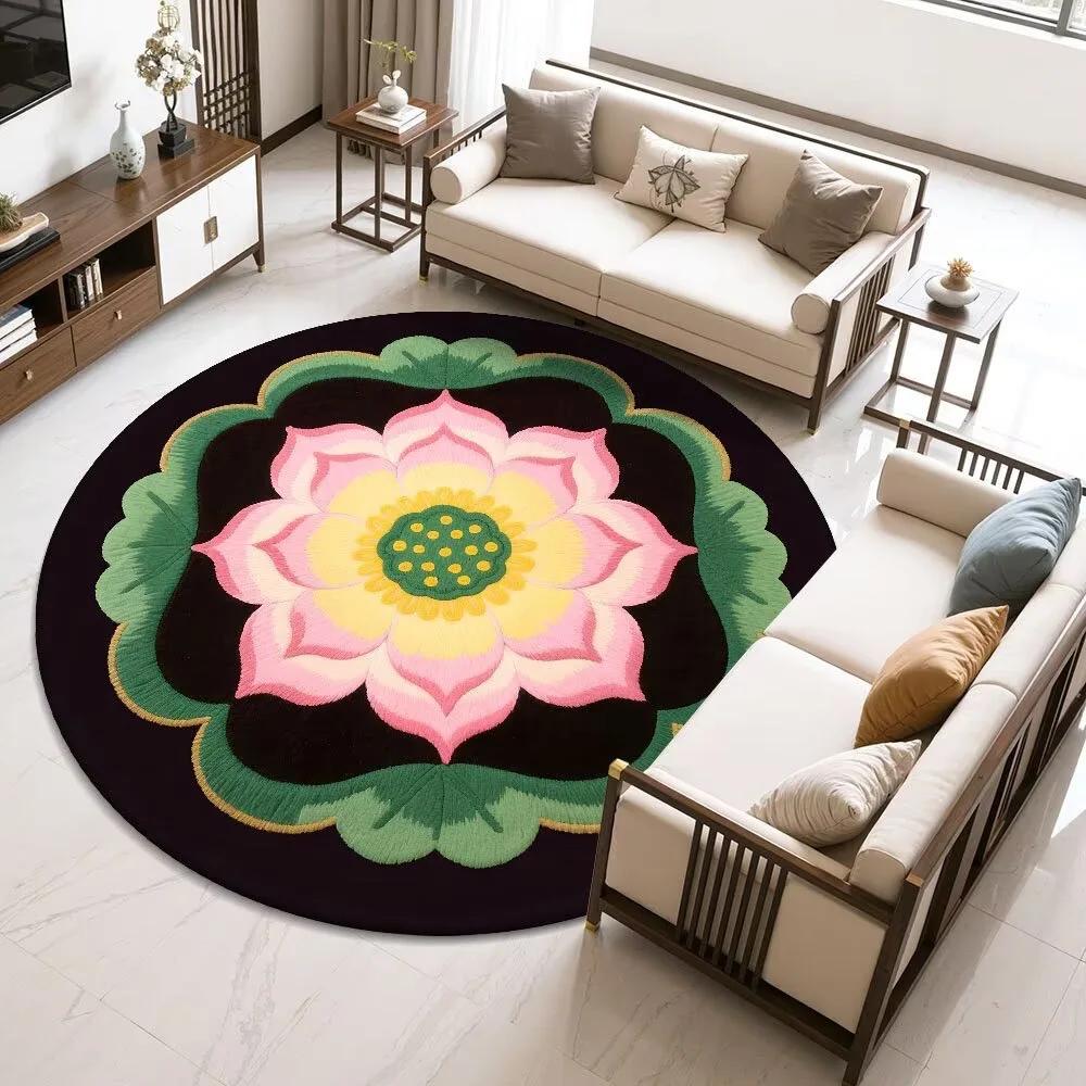 Lotus-Round Rug – Easy-Clean Meditation  Living Room Decor Rug with Chinese Floral Motif