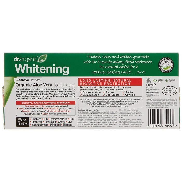 Dentifrice - Dr. Organic - Blanchissant Aloe Vera - 100ml - Vegan - Double Effet