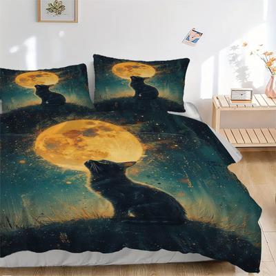3pcs Anime Cat Moon Bedding Set - Includes One Quilt Cover and Two Pillowcases (No Core) - Polyester Fabric, Perfect for Bedroom and Guest R
