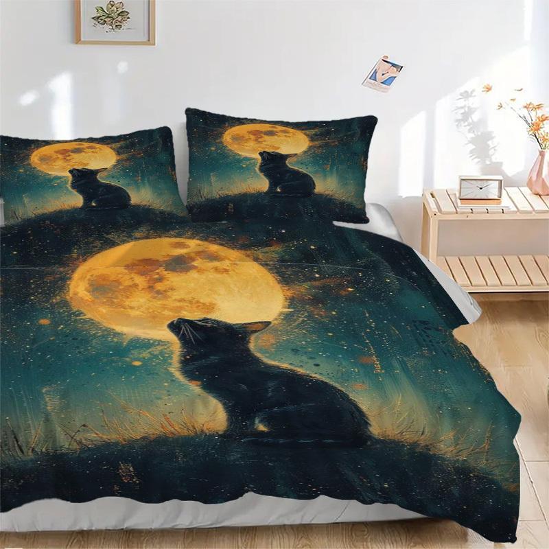 3pcs Anime Cat Moon Bedding Set - Includes One Quilt Cover and Two Pillowcases (No Core) - Polyester Fabric, Perfect for Bedroom and Guest R