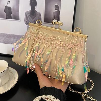 Sac Messager à Paillettes pour Femmes Pochette de Bal Sacs à Bandoulière Fermoir Classique Coque Clip Franges Sacs à Main Or Blanc