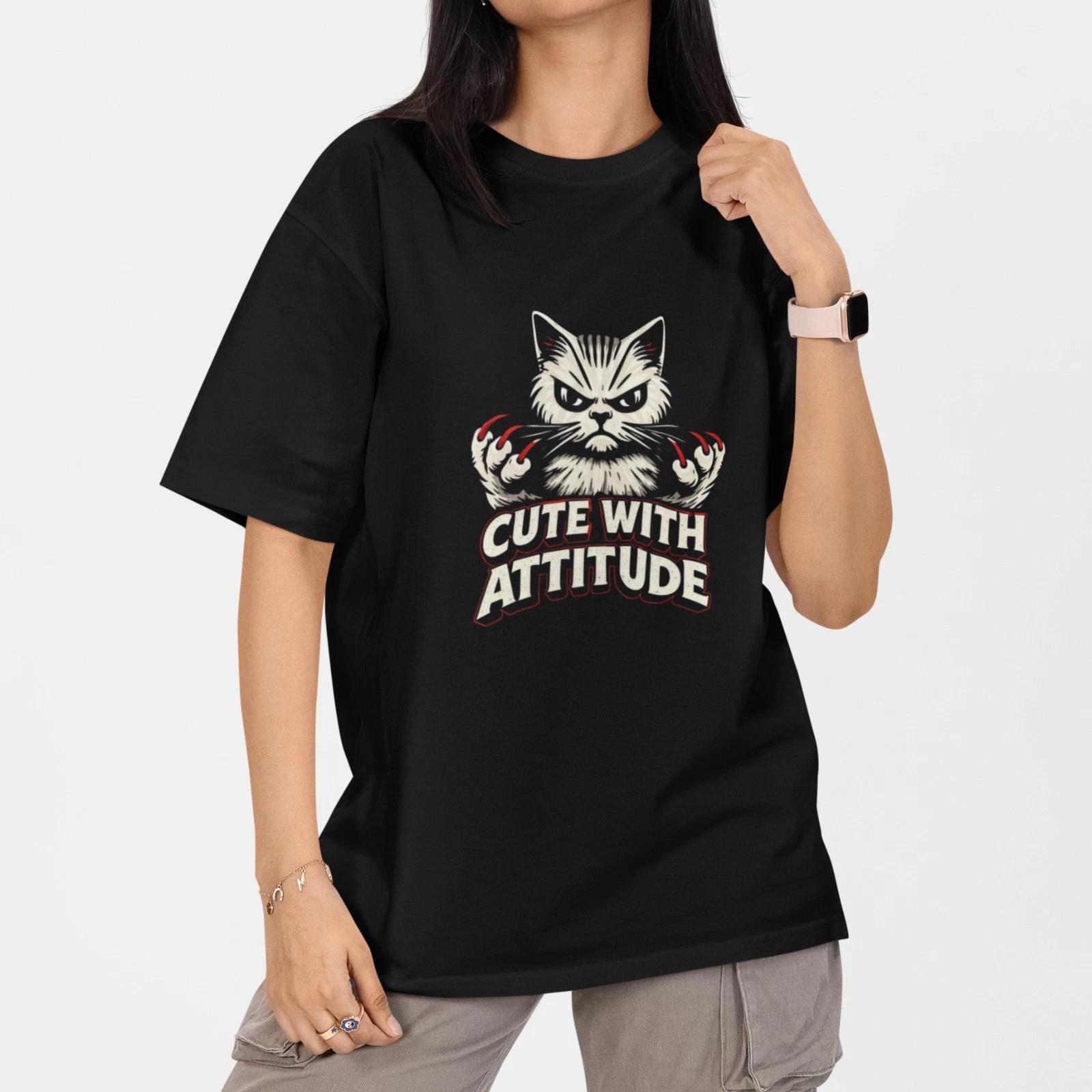 Cute With Attitude Cat T-Shirt Funny Cat Lover Graphic Tee Gift Unisex XXL