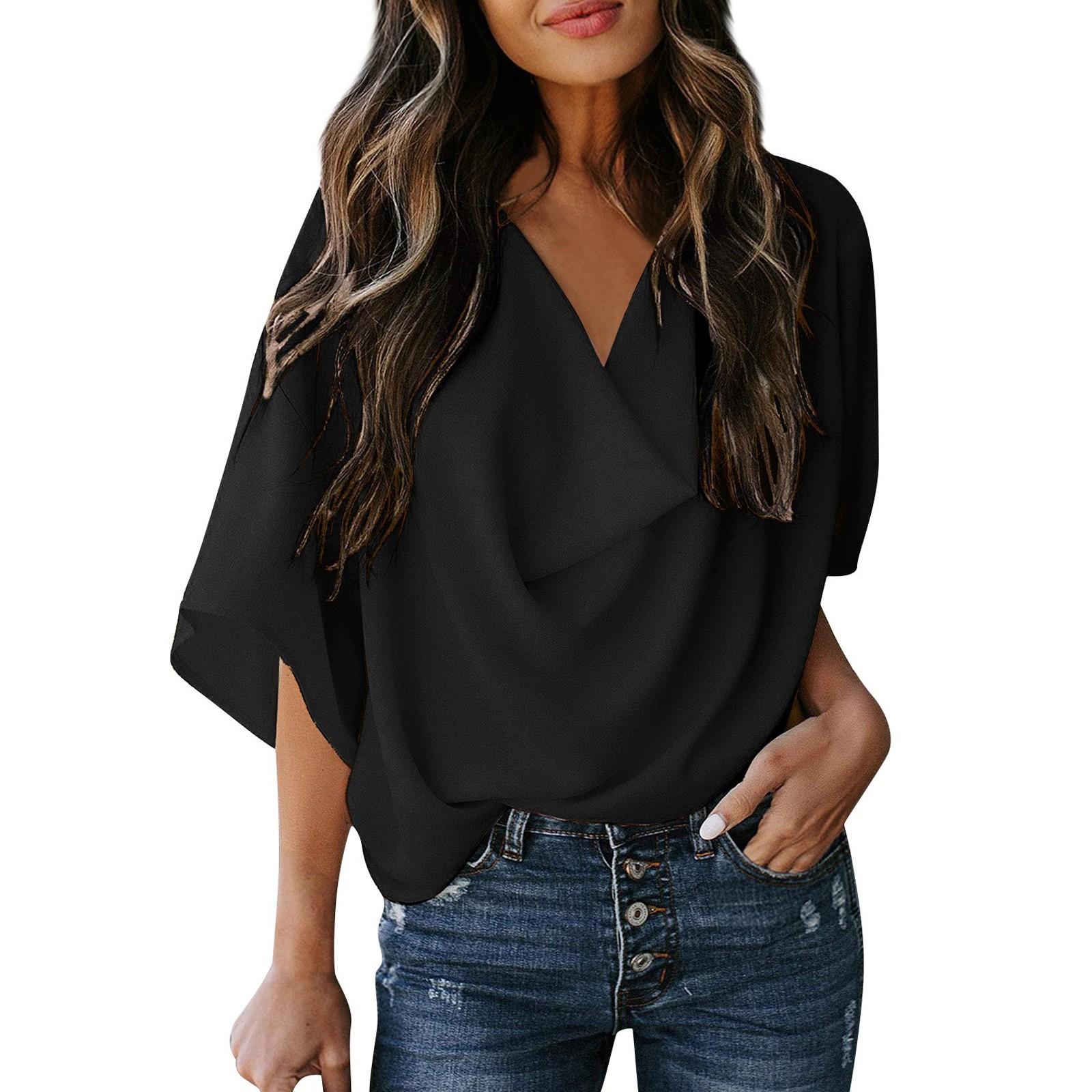 Women s Shirt Color Loose V-neck Casual Top S чёрный