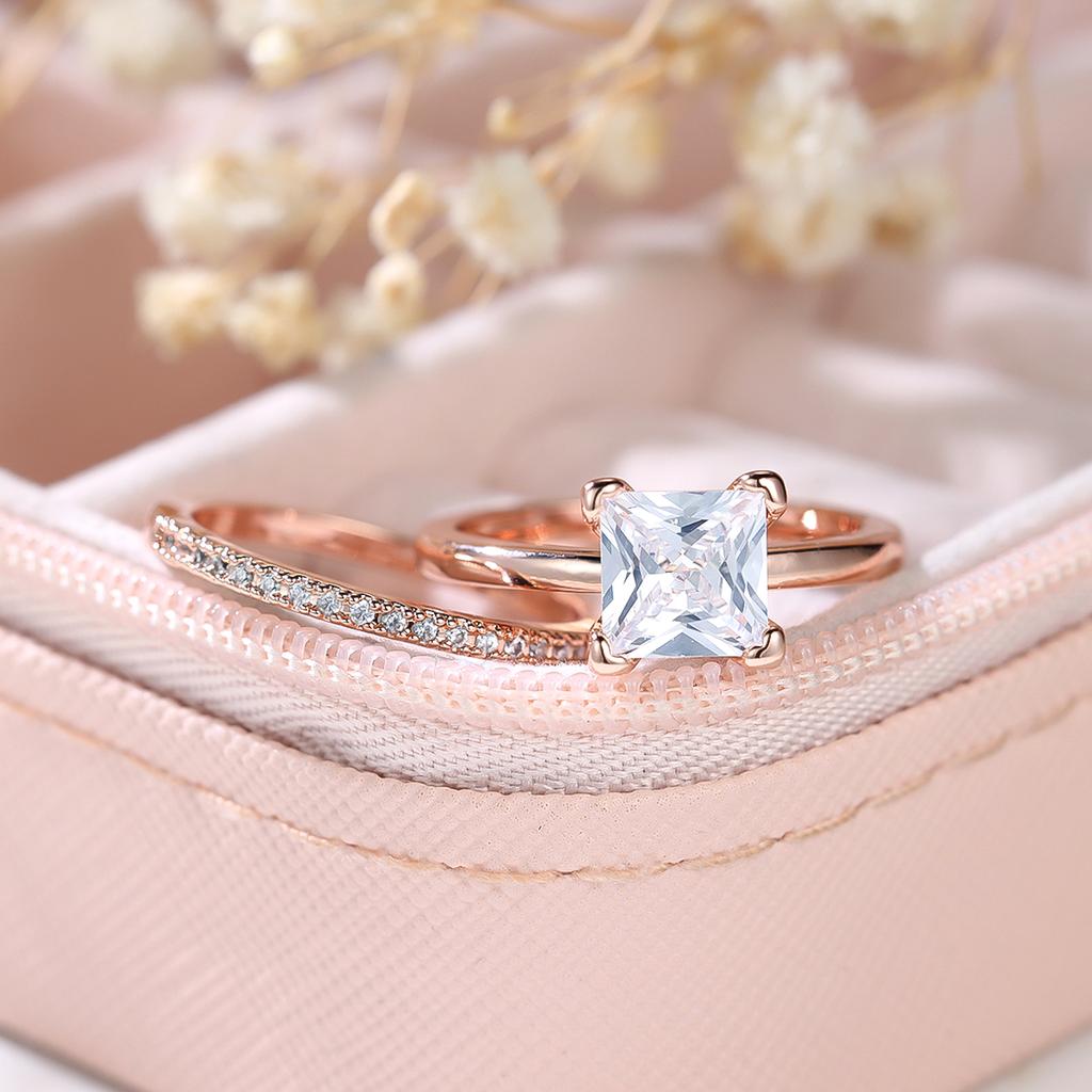 2Pcs/Set Rose Golden Color Square Cut White Stone Wedding Ring Set Valentine's Day Jewelry Gifts