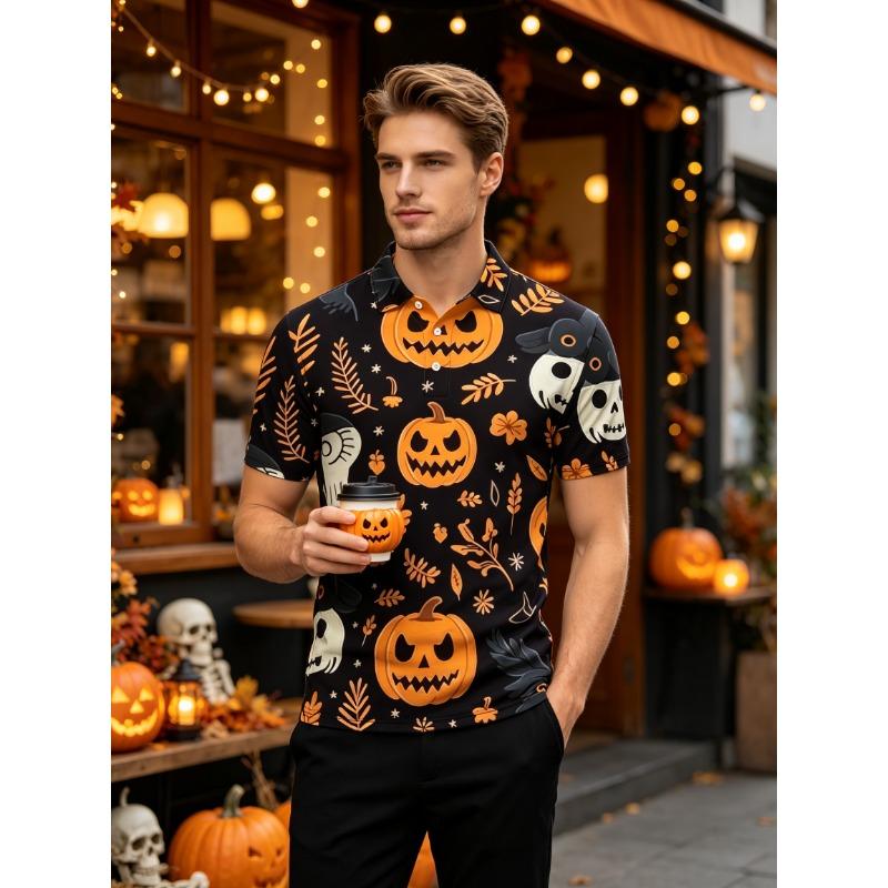 Men's Short Sleeve Polo Shirt Funny Whimsical Cartoon Duck Witch Hat Ghost Pumpkin Print Halloween Top for Party and Casual Wear