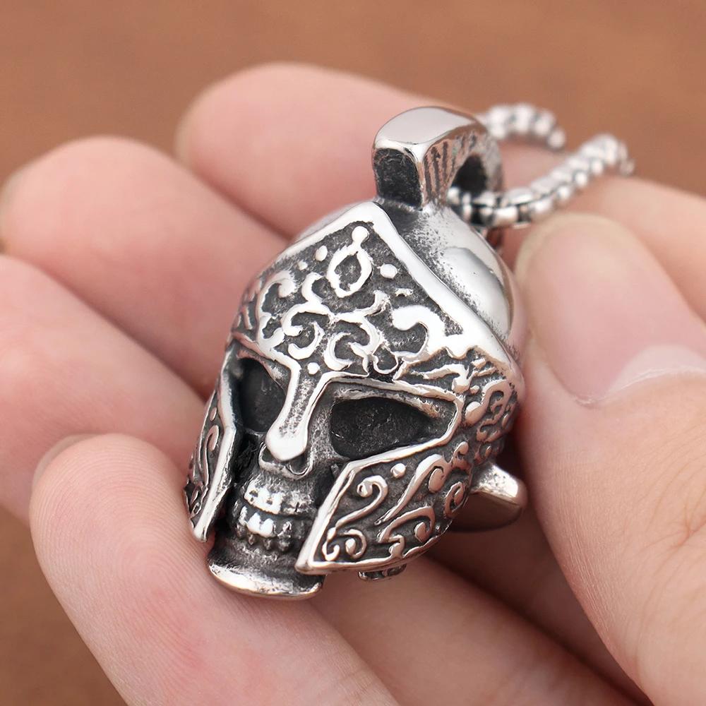 Spartan Helmet Skull Pendant Necklace Stainless Steel Gothic Punk Jewelry Halloween Gift for Men Women Adjustable Biker Chain