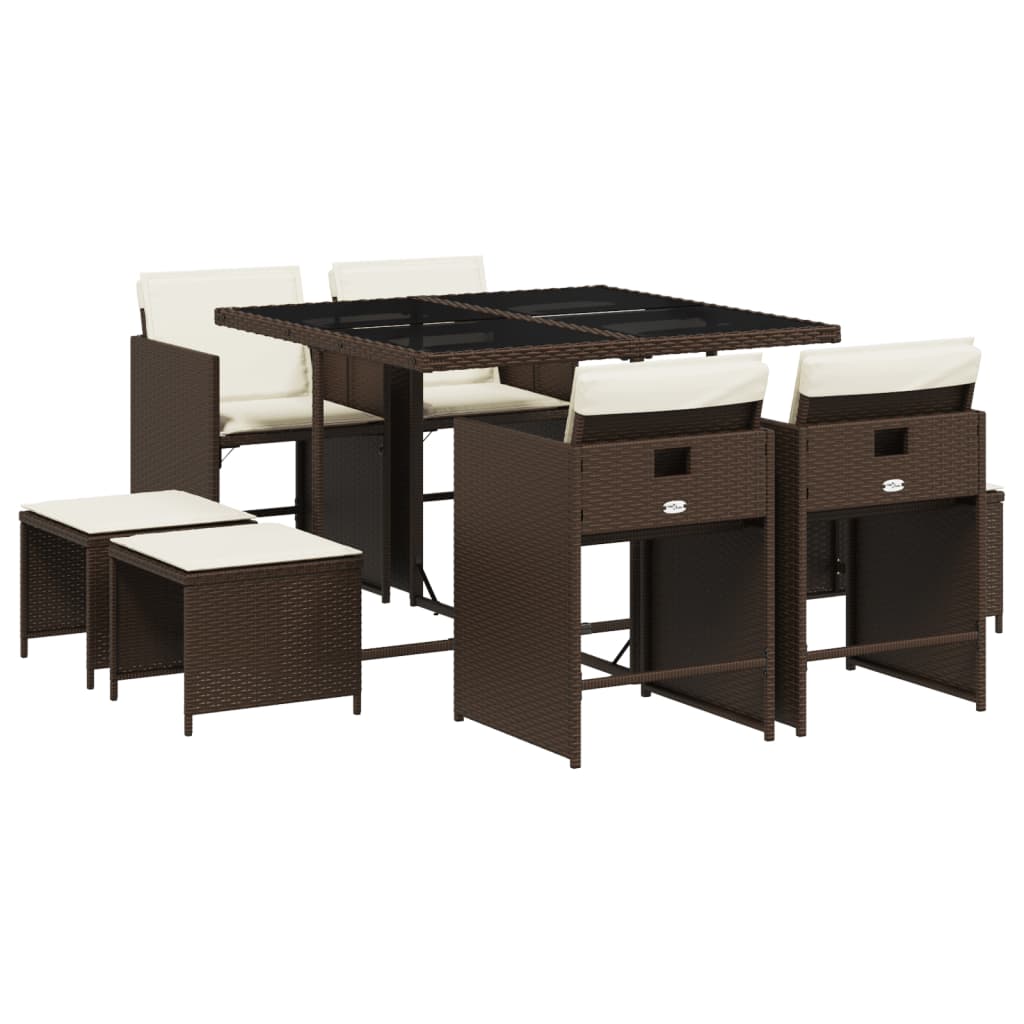 9 Piece Outdoor Dining Set with Cushions Brown Poly Rattan