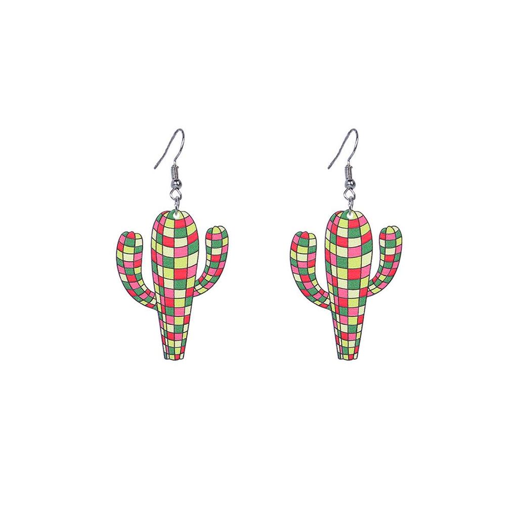 Plaid & Cow Print Acrylic Cactus Earrings for Women