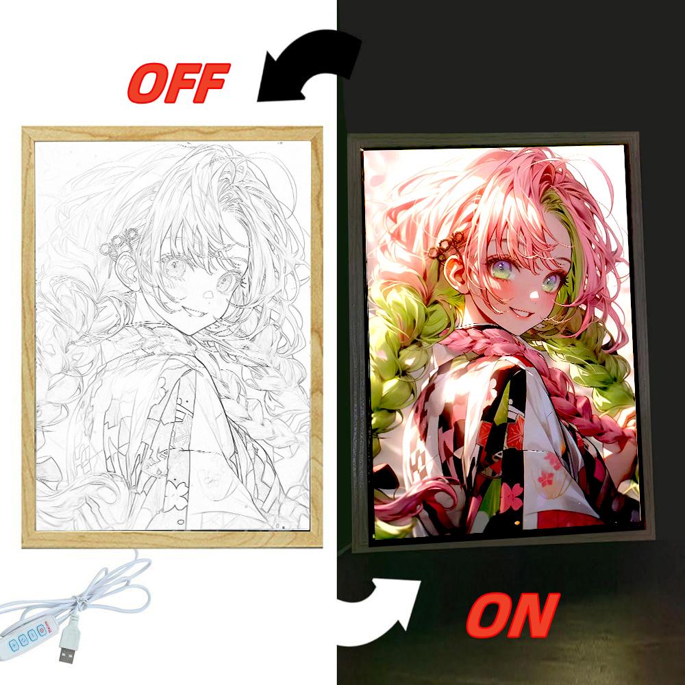 Anime Demon Slayer Action Figures Light Painting Photo Frame Tanjirou Nezuko Led Night Figurine Kimetsu No Yaiba Gifts Poseable Articulated Scale