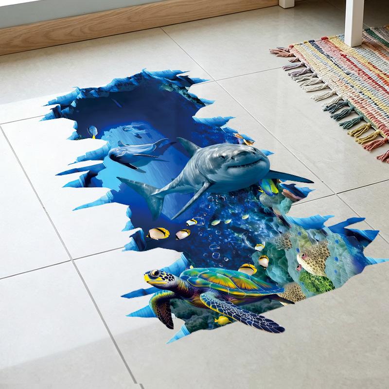 Onderwaterwereld 3D Haai Gebroken Muur Muursticker Zee Dieren Zelfklevende Pvc Sticker Badkamer Vloer Muur Decoratie