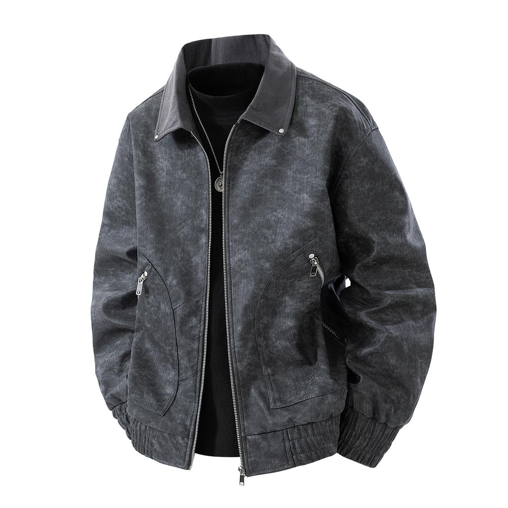 American Retro Old Washed Leather Dark Grey Lapel Men's PU Leather Jacket