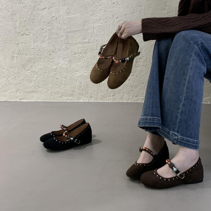 Fashion Retro Faux Suede Ballet Flats Women Luxury Gemstone Metal Rivet Decoration Designer Shoes Cozy Round Toe Shallow Mary Jane Shoes