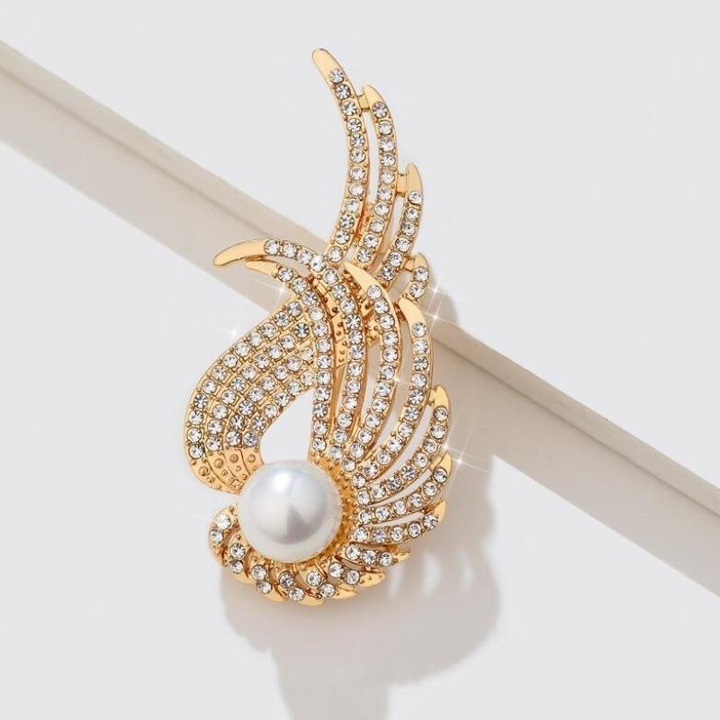 Rhinestone Wings Pearl Feather Brooches for Women Weddings Banquet Party Badges Clothing Jewelry Accessories Pins