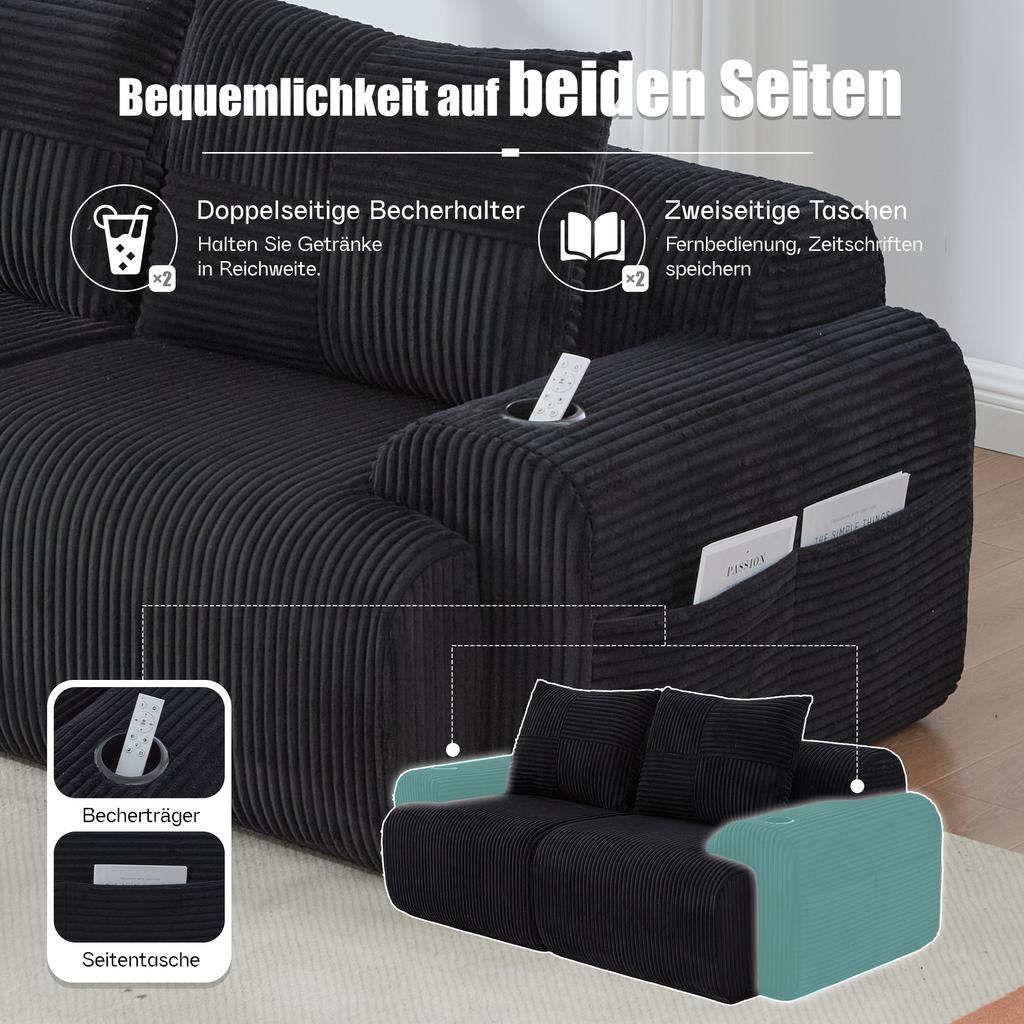 Modular Corduroy Sofa for 2 People, Vacuum-Packed, Includes Cup Holder and Side Storage Pocket. Ideal for Living Room and Family Room. Black