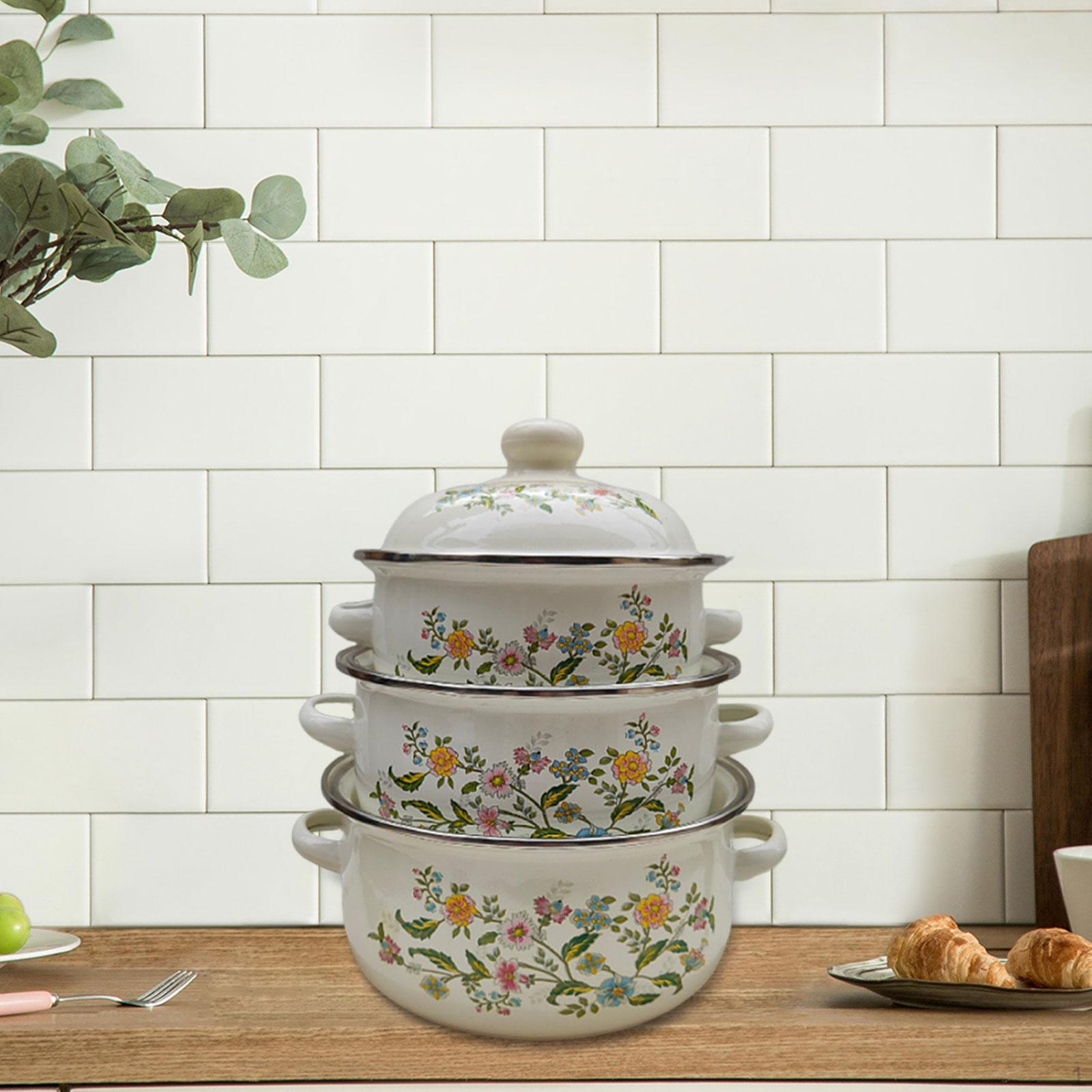 

3 Эмалированные кастрюли с крышками, Кастрюля для тушения фасоли, Мультиварка, Набор кастрюль, Плоское дно для еды Style B