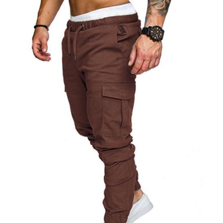 Skinny Cargo Pants Casual Men Solid Color Drawstring Waist Ankle Tied Pockets
