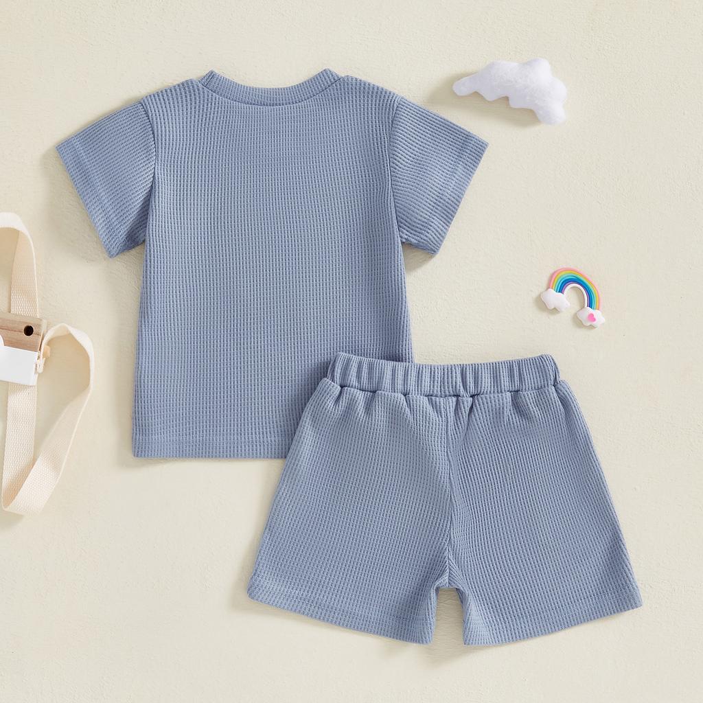 Toddler Boys Summer Outfits Letter Embroidered Waffle Short Sleeve T-Shirts Elastic Waist Shorts 2Pcs Clothes Set