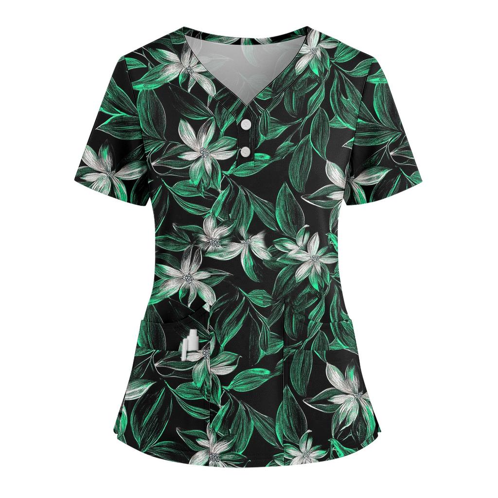 Women's Loose Short Sleeved Fashionable Flowers And Plants Printing V-neck Buttonable Side Slit Top T-shirt