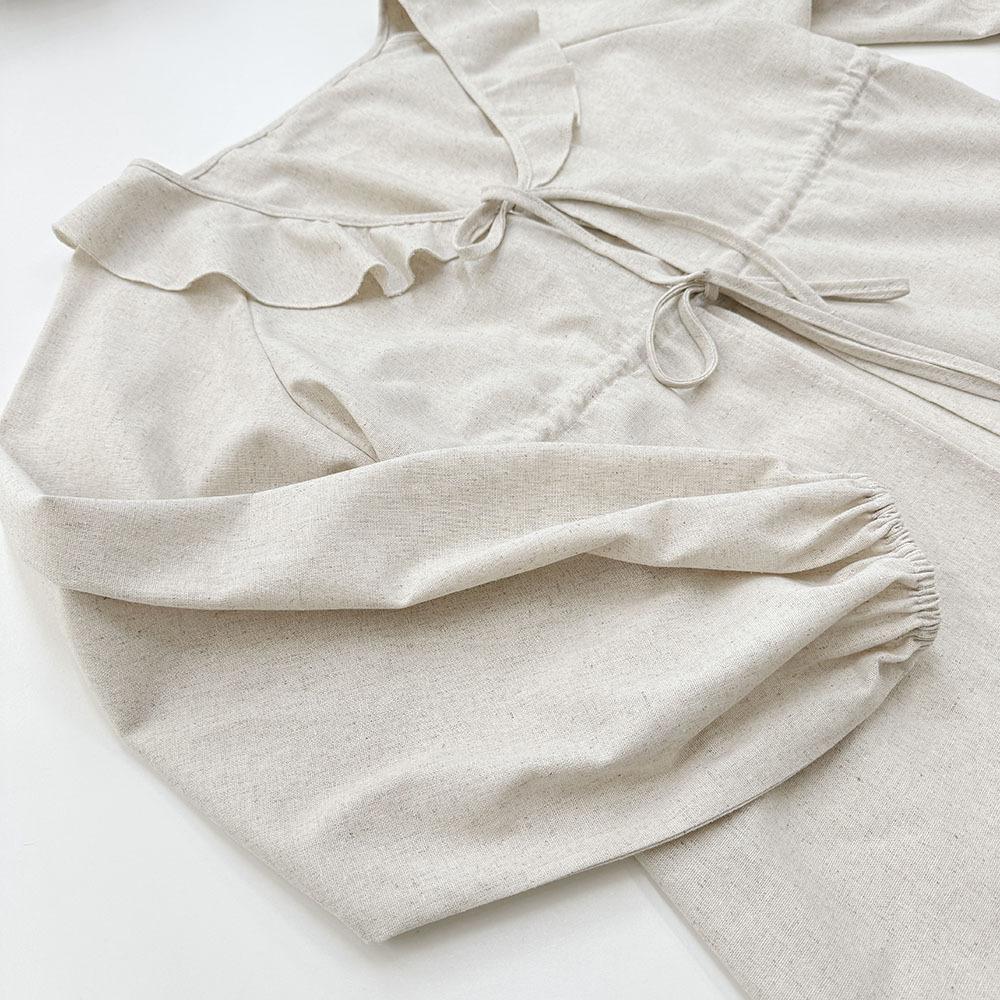 French Style Casual Autumn New Fashion Cotton Linen Set V-Neck Puff Sleeve Top Shorts Two-Piece Set