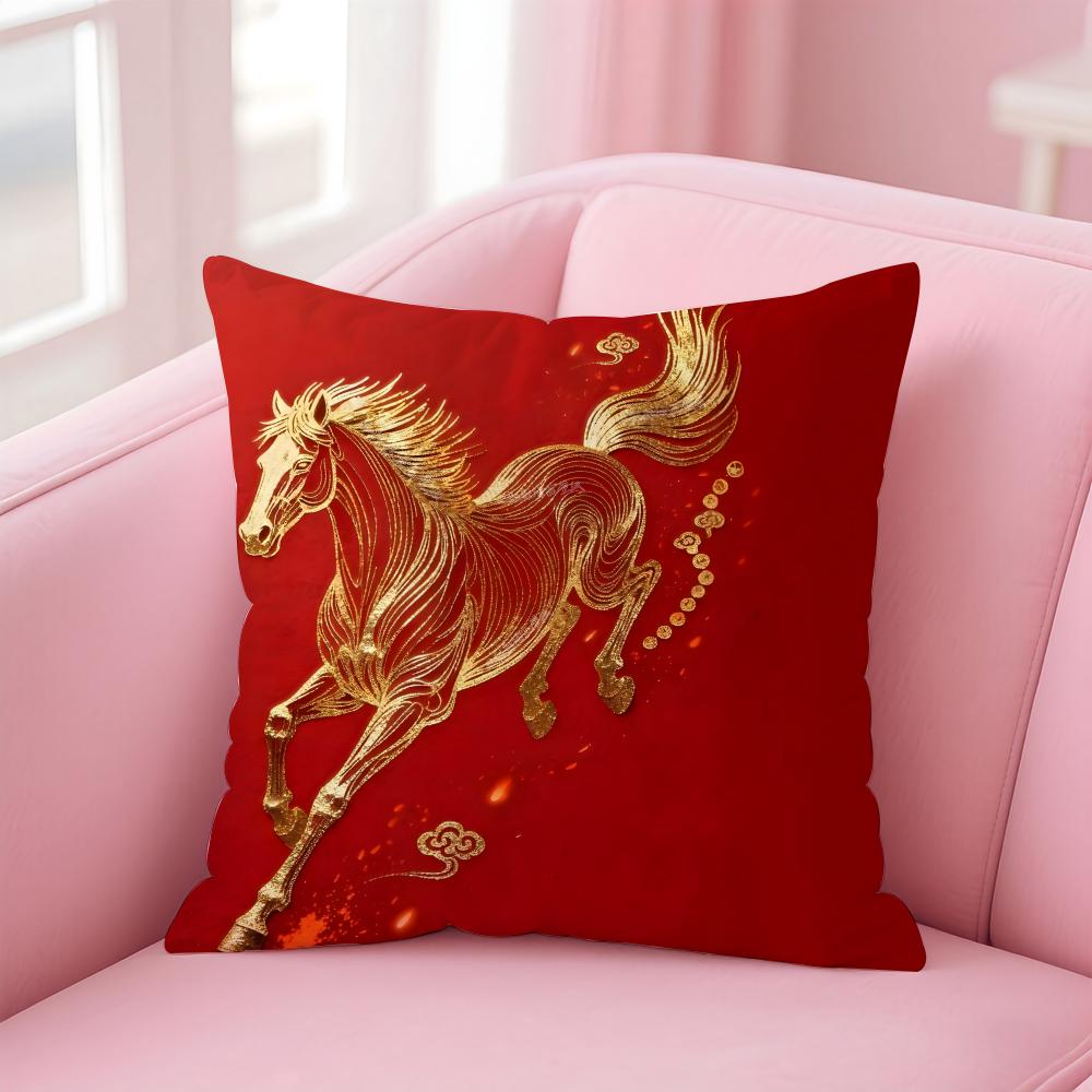 Счастливого Китайского Нового года красная лошадь арт Наволочка Короткий плюш Невидимая молния Комната Диван Наволочка 40X40cm