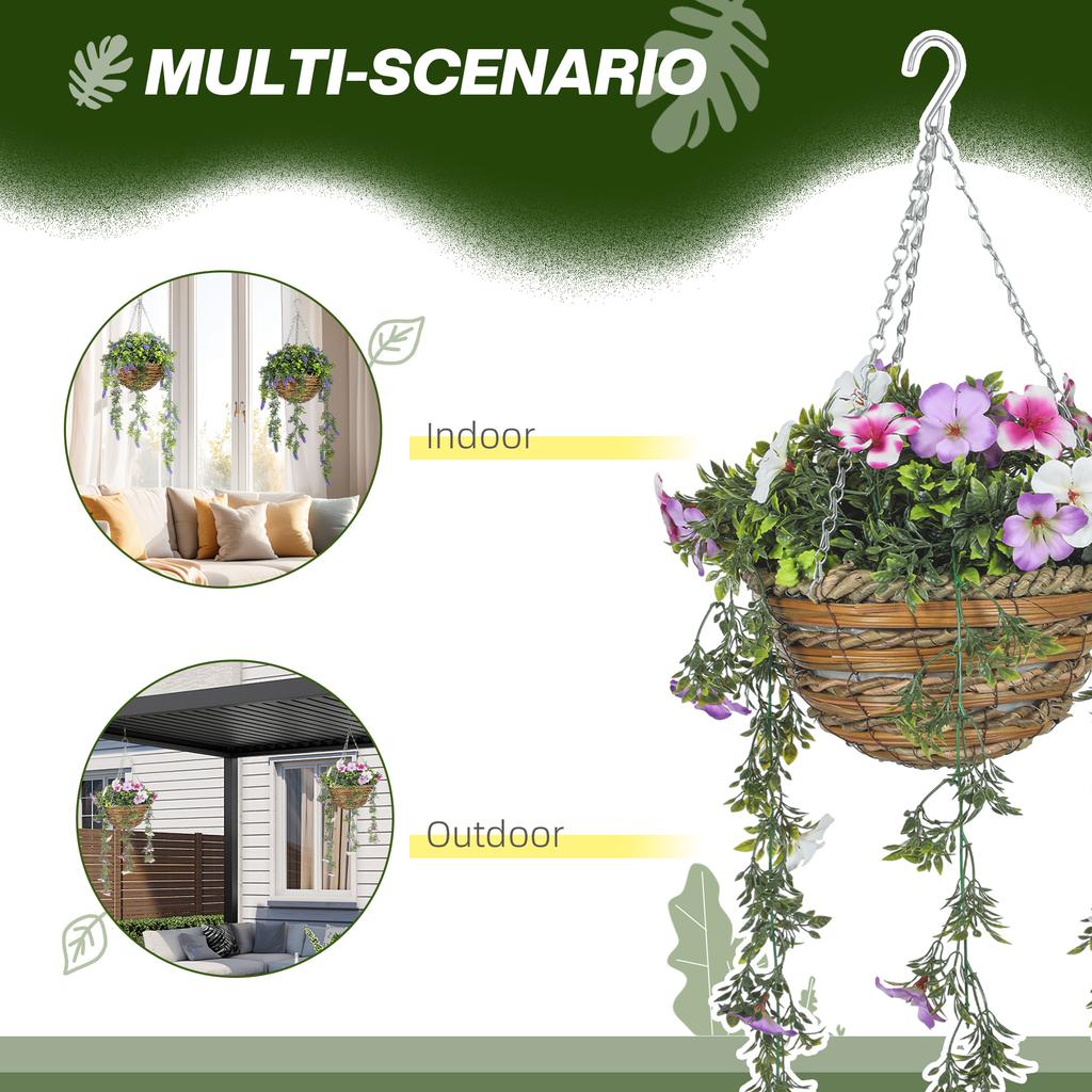 Set of 2 Artificial Silk Azalea Flowers, Hanging Planters with Basket, Faux Plants for Home Indoor Outdoor Decor, Pink and White