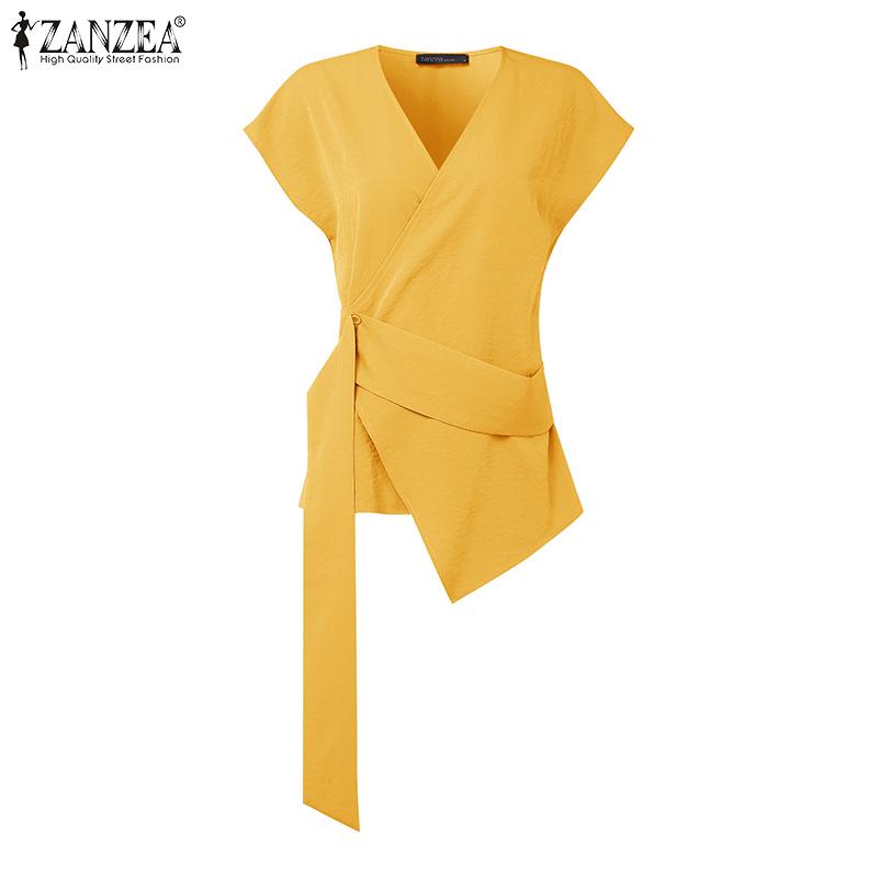 ZANZEA Women Casual V Neck Short Sleeve Side Button Irregular Loose Blouse
