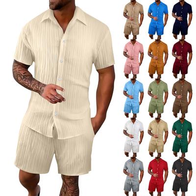 Men's Collared Cardigan Short-Sleeved Jacket Drawstring Casual Shorts Beach Set