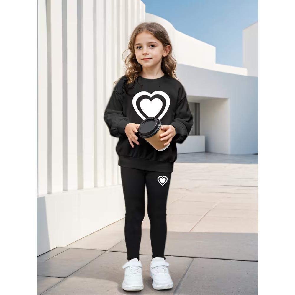 Girls' Heart Print Casual Comfortable Soft Loose Pullover Sweatshirt and Leggings 2-Piece Set, New Autumn/Winter, Playful, Sweet and Cool Style
