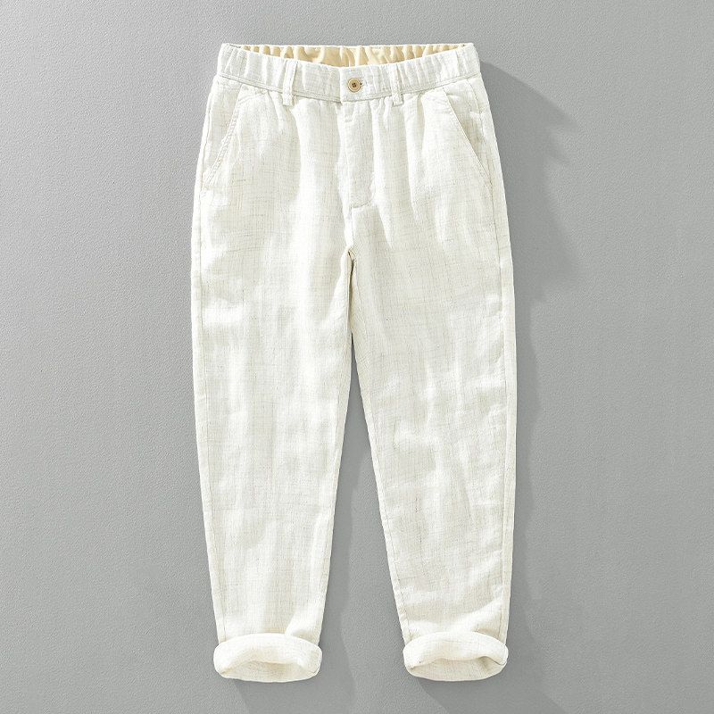 Men s Summer Straight-Leg Ramie Casual Pants, Japanese Retro Loose-Fitting Breathable Cotton-Linen Cropped Pants white L