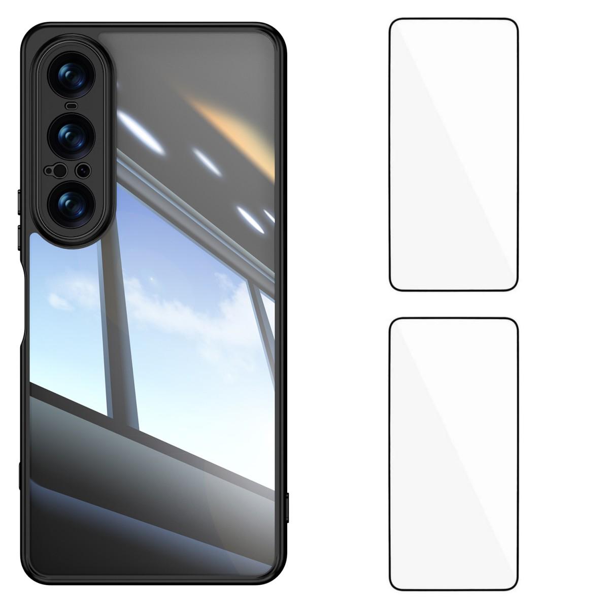 

Для Sony Xperia 1 VII Чехол из ТПУ WANLONFENG Противоударный Прозрачный Чехол для Телефона с 2 шт. Защитной Пленкой из Закаленного Стекла Black