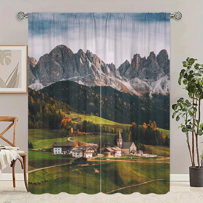 Outdoor Landscape Printed Curtain Polyester Suitable Home Decoration Excluding Poles Set Of 2 Artistic Made Washable