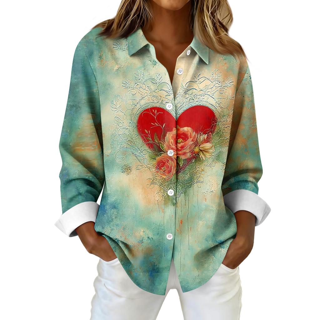Kadın Gömlek Bluz Noel Baskılı Düğme Uzun Kollu Rahat Temel Gömlek Yaka Normal Üst